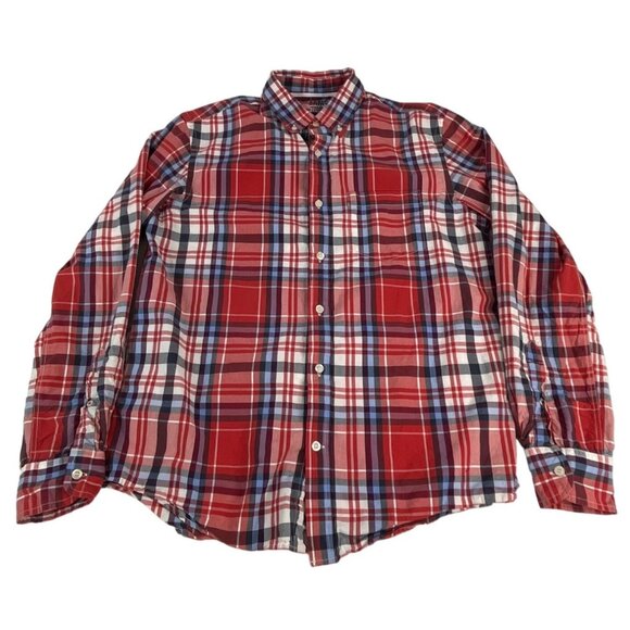 Old Navy Men's Button Down Classic Shirt M Red White Blue Plaid 100% Cotton - Picture 1 of 4